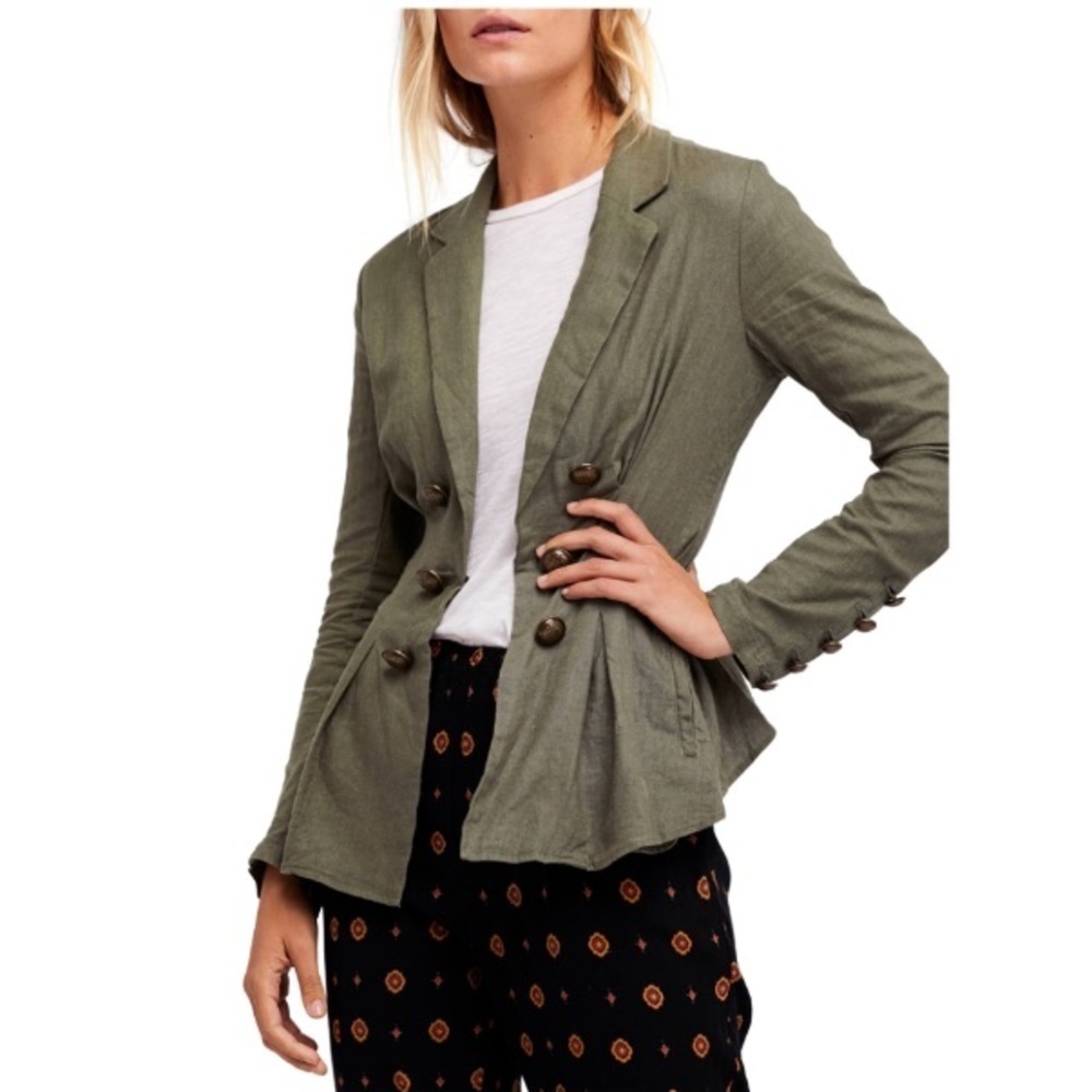 Free People Cinched Waist Linen Blazer Olive Green Size XS